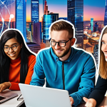 **Prompt:** A vibrant collage showcasing diverse individuals engaged in reskilling activities: attending a digital marketing workshop, coding on laptops, and collaborating on a team project. The background features a futuristic cityscape with interconnected networks, symbolizing the evolving job market. Focus on positive expressions and a sense of empowerment. Style: Modern, optimistic, with a touch of technological flair.