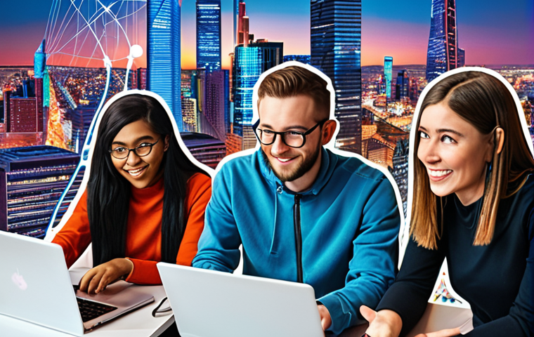 **Prompt:** A vibrant collage showcasing diverse individuals engaged in reskilling activities: attending a digital marketing workshop, coding on laptops, and collaborating on a team project. The background features a futuristic cityscape with interconnected networks, symbolizing the evolving job market. Focus on positive expressions and a sense of empowerment. Style: Modern, optimistic, with a touch of technological flair.