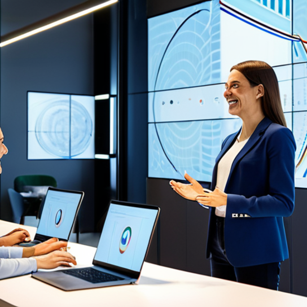 AI in the Workplace**

"A bright, modern co-working space in Milan, Italy. A diverse group of professionals are collaborating, some using laptops displaying AI-powered data visualizations. A woman in a stylish business casual outfit smiles confidently as she gestures towards a holographic projection. Focus on teamwork, innovation, and a positive, future-oriented atmosphere. Safe for work, appropriate content, fully clothed, professional, perfect anatomy, natural proportions, high-resolution photograph."

**